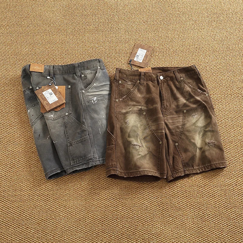 Heavy Washing To Do Old Shorts Men High Quality Woven Nail Texture Heavy Cargo Five Quarter Pants Tide
